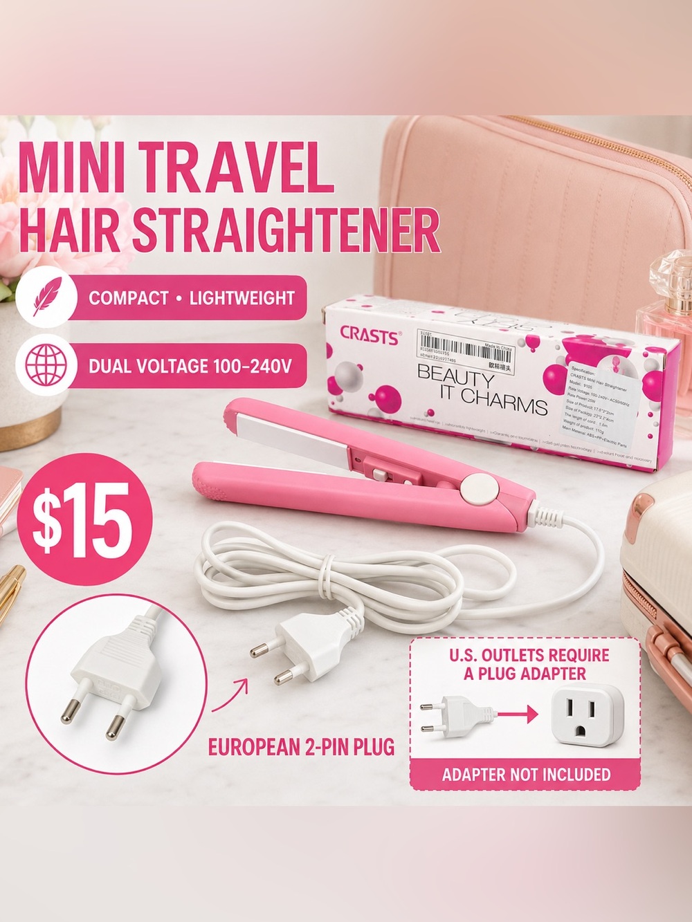 🩷. Pink Mini Travel Hair Straightener - Compact Portable Styler